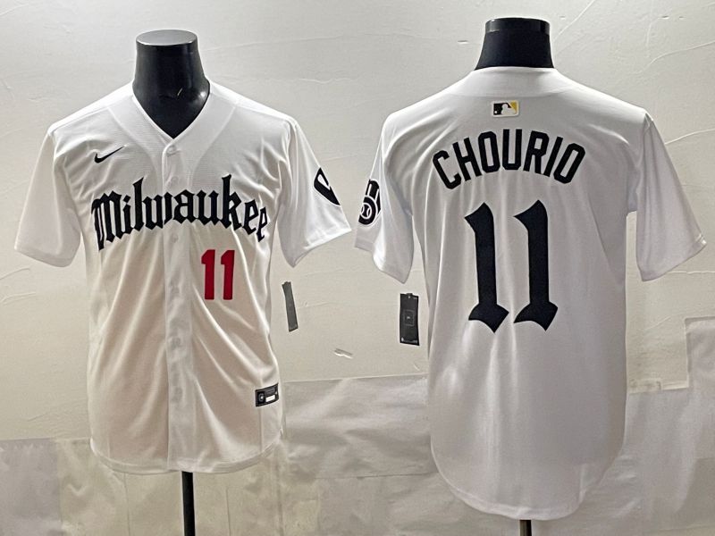 Men 2025 Milwaukee Brewers #11 Chourio White Five generations Joint Name Nike MLB Jersey style 05